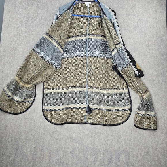 H&M Geometric Tribal Print Wrap Cardigan Blue/Beige Black Contrast Trim Made In - Picture 3 of 8